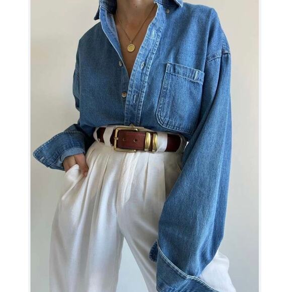 Vintage Tops - Vintage Classic Oversized Boho Chic Denim Button Down Jean Shirt XL